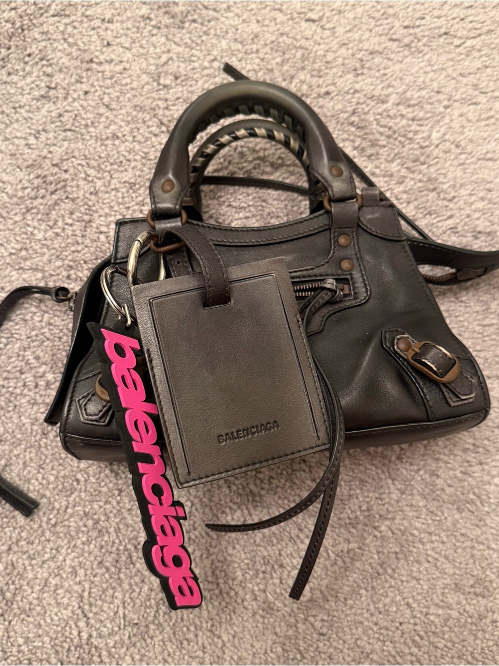 Balenciaga Leather Mini Bag with Pink Logo Tag